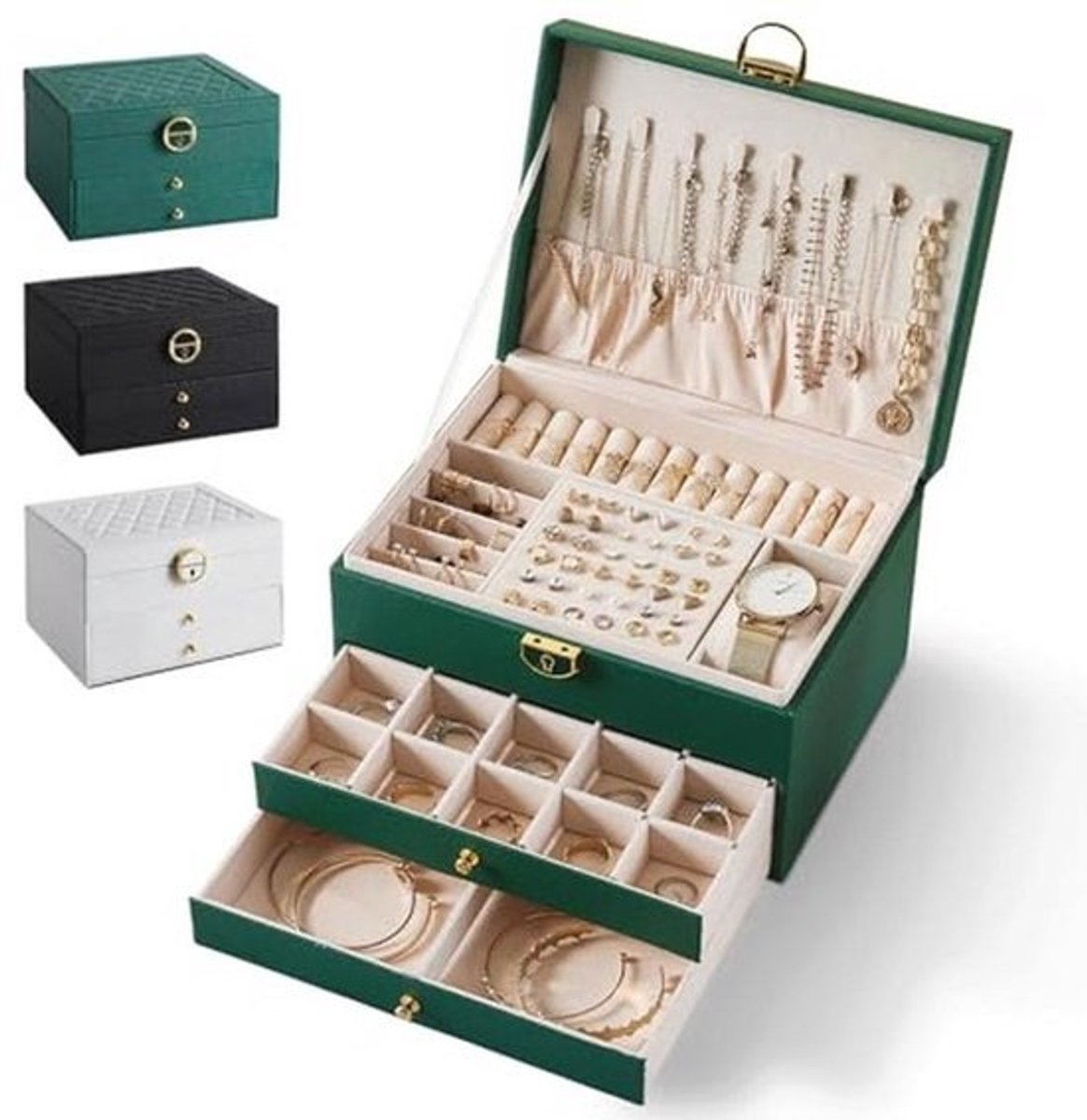 3-Tier Luxe Sieradenbox met Slot en 2 Lades - Organisator voor Kettingen, Oorbellen, Ringen en Armbanden