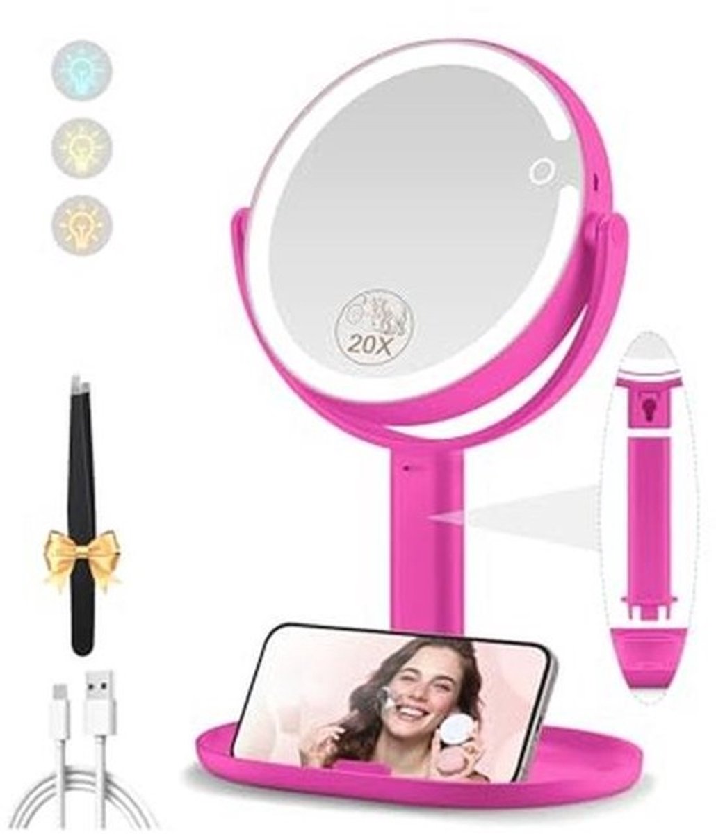 Dubbelzijdige Make-up Spiegel met Verlichting - Oplaadbare 360° Rotatie 1x/20x Vergroting en Instelbare Helderheid