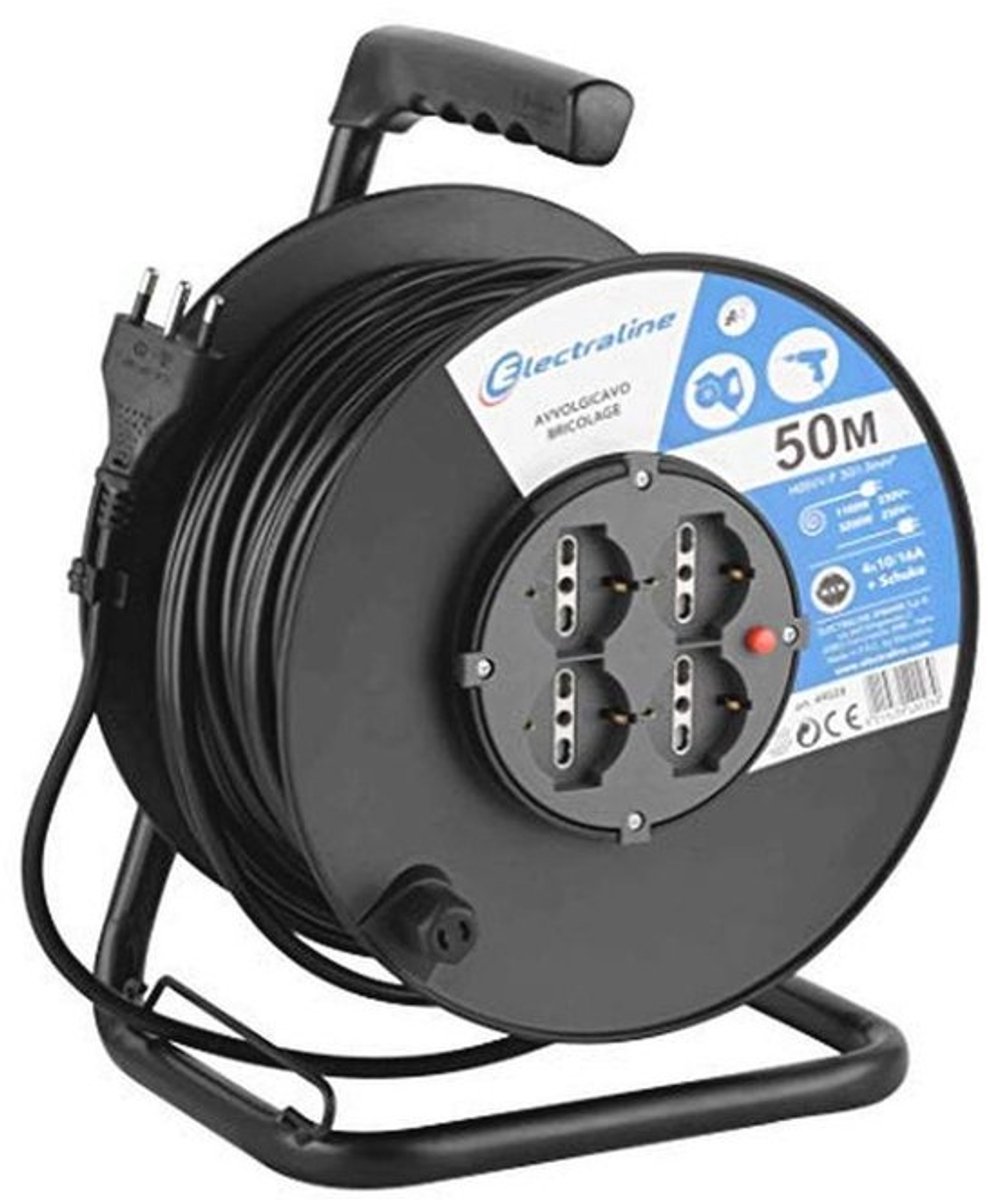 Verlengkabel met Kabelhaspel 50m - 4 Schuko Stopcontacten, 16A, 3200W, Zwart