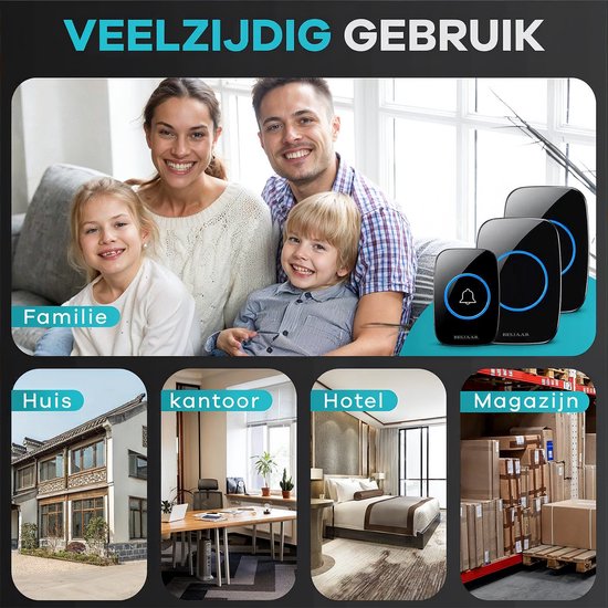 Besjaar Deurbel - Deurbel Draadloos - Draadloze Deurbel - Met 2 Ontvangers - Ontvangers Op Batterijen - Beldrukker - Inclusief Batterijen - IP44 Waterdicht - Zwart — afbeelding 4
