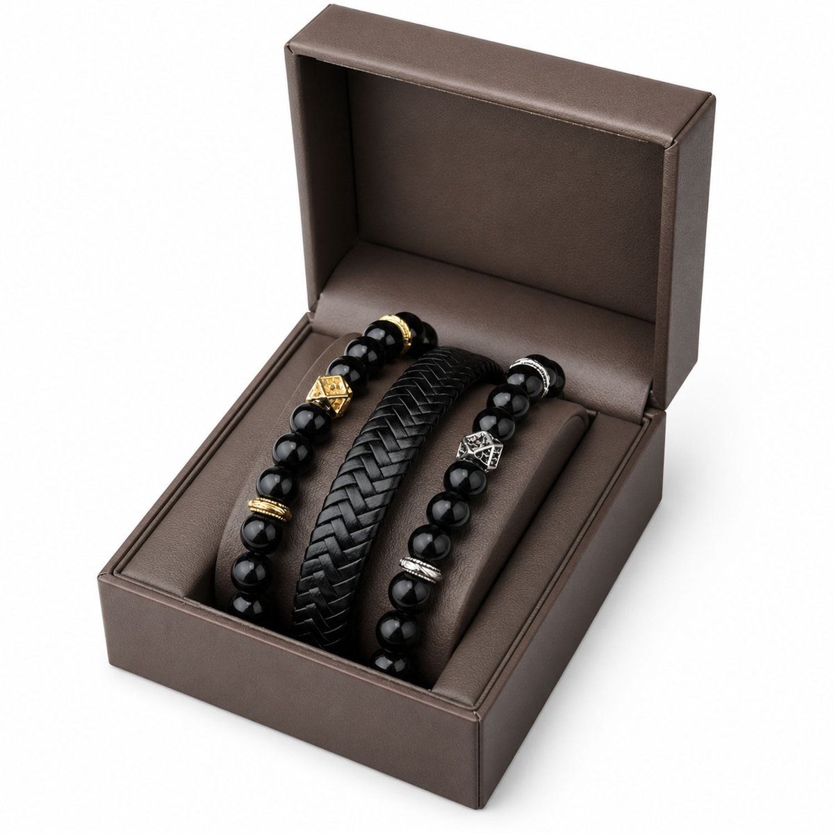Jungengel Cadeau Man - Herenarmband Set 3-delig Echt Leer en Hematiet - Verjaardagscadeau, Vaderdagcadeau, Kerstcadeau - Zwart Goud Zilver - Houten Box