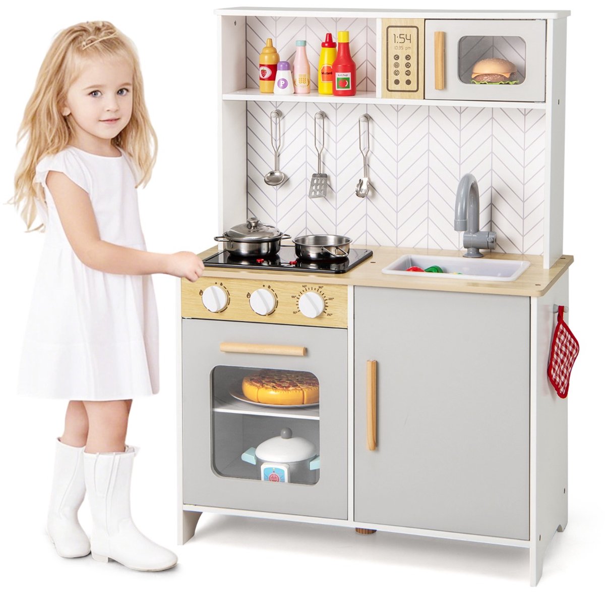 SureDeal® - Rollenspell - Houten Speelkeuken - Kinderen Licht Geluid - Keukenaccessoires Speelgoedkeukenset Wit - 60x30x85 cm - Wit