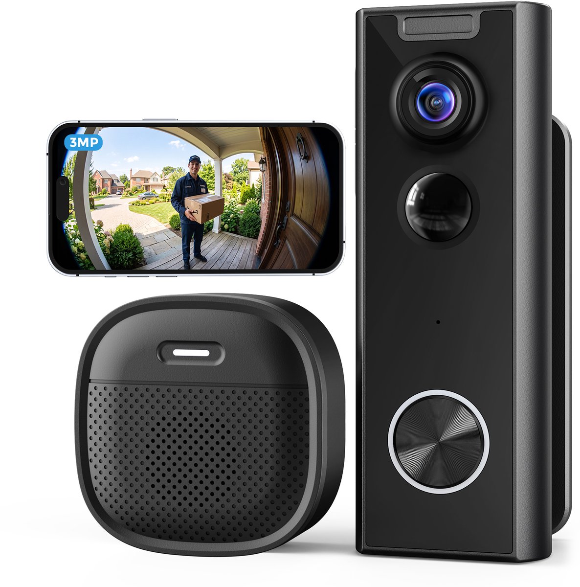 ieGeek Video Deurbel Camera - 3MP 2K HD - 2-Weg-Audio - 16 inch Nachtzicht - Slimme Videodeurtelefoon Wi-Fi Inclusief Chime - Waterdicht - Compatibel met Alexa
