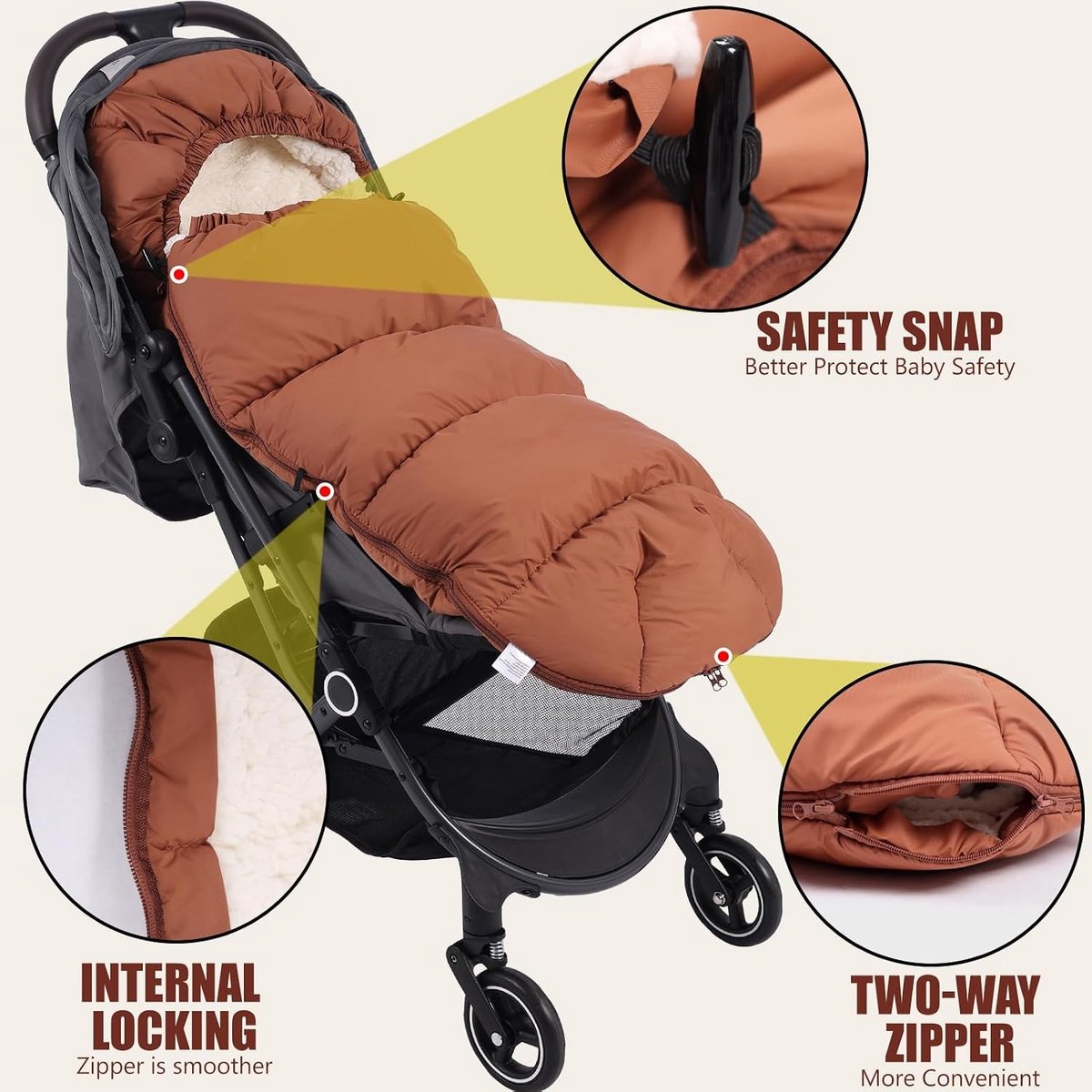 Winterse Voetenzak voor Kinderwagens, Dikke Voetenzak voor Baby's, Warm en Comfortabel, Geschikt voor Buggy's en Kinderwagens, Bruin – foto 3