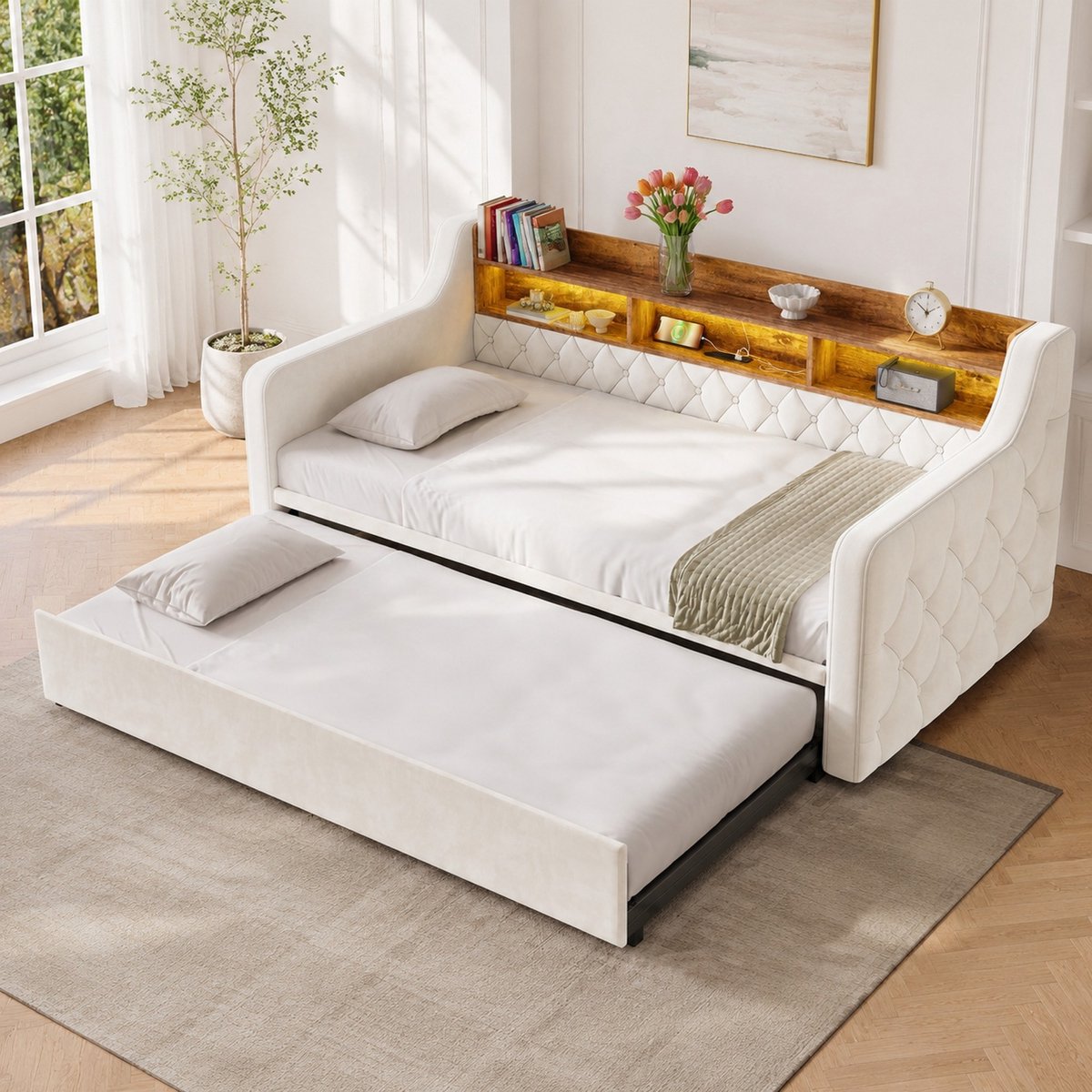 MODENUIT Slaapbank 90x190 Cm - Uittrekbaar Bed Met Opbergruimte En Ledverlichting - Voor Logeerkamer En Woonkamer - Velvet - Beige