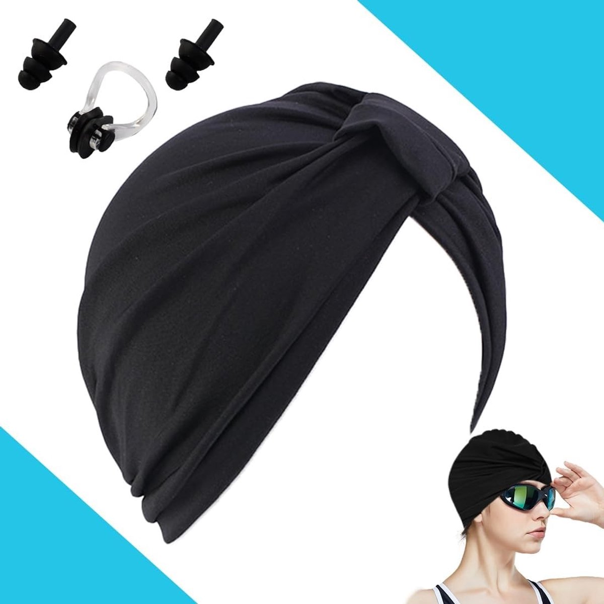 Retro Zwemcap voor Dames met Lang Haar - Niet Waterproof, Inclusief Neusclip en Oordopjes voor Strand en Bad