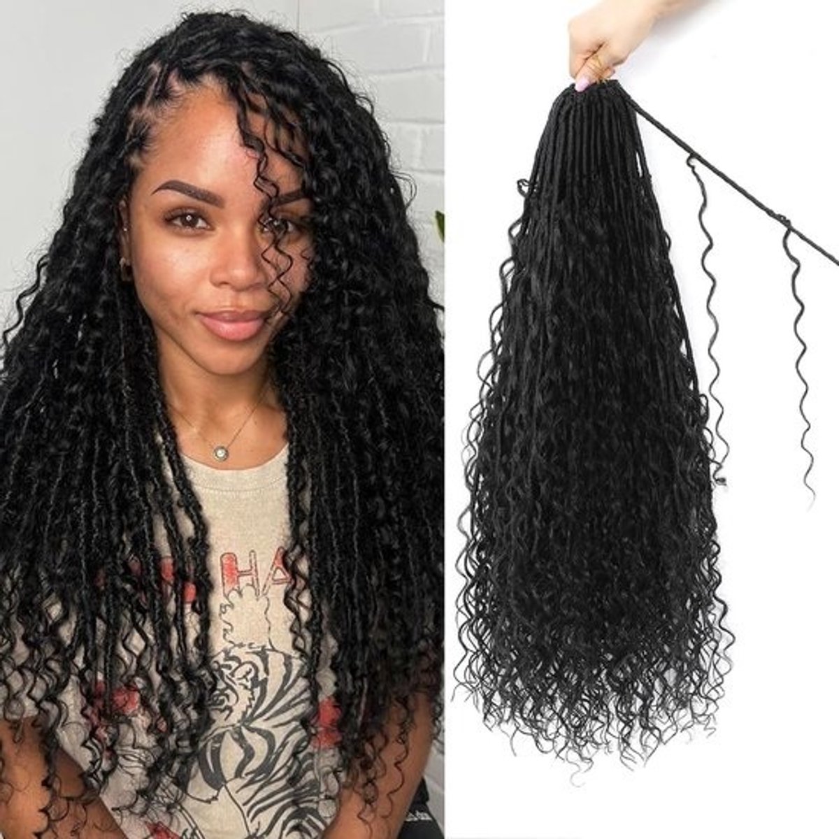 Boho Faux Locs - Gevlochten Haar - Nieuwe Look - Voorgelust Krullend - 18 Inch - Natuurlijk Zwart
