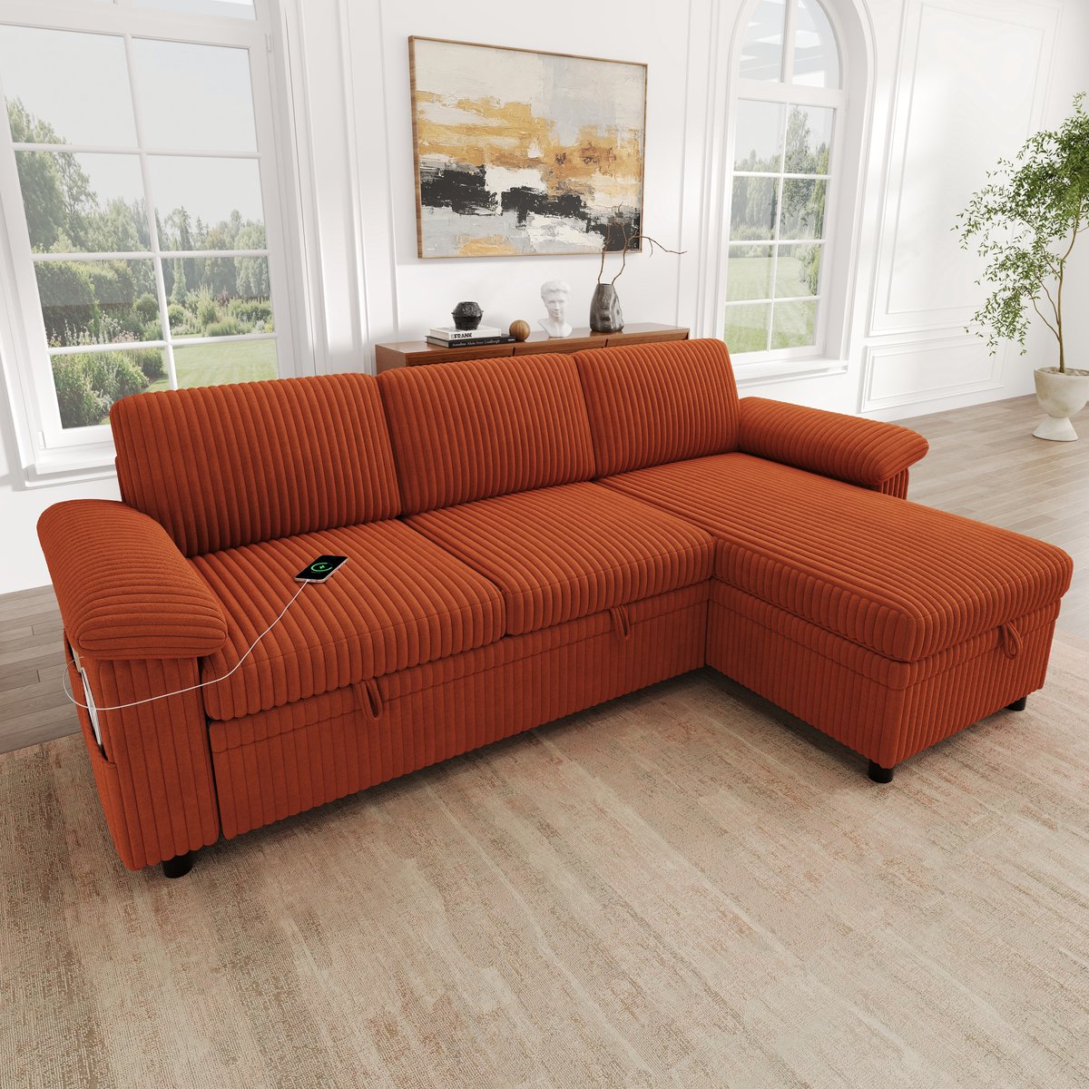 MODENUIT Hoekbank 214 cm - Uitklapbaar Met Opbergruimte En USB Type-C - Woonkamer En Slaapkamer - Corduroy - Oranje