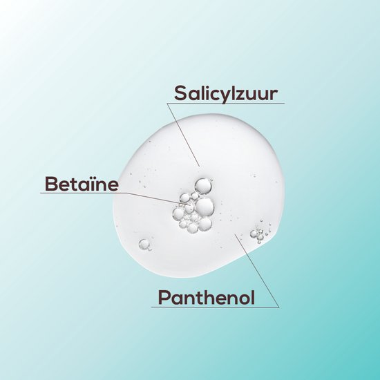 Een druppel met bubbels bevat salicylzuur, betaïne en panthenol.