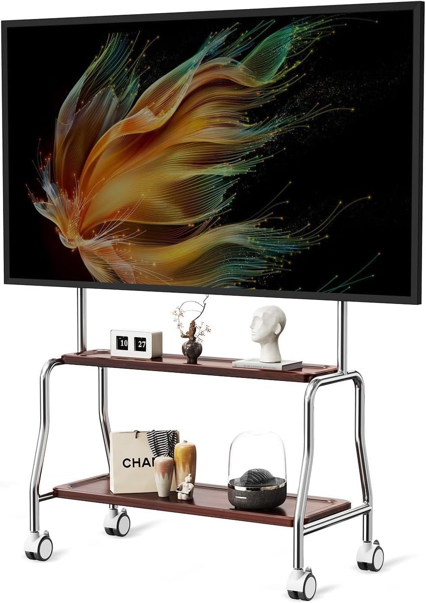 Verplaatsbare TV Stand voor 32-75 Inch Televisies met 360° Draaibare Wielen en Dubbele Lades, Stijlvol Ontwerp van RVS, Maximaal Draagvermogen 50kg en VESA 600x400mm