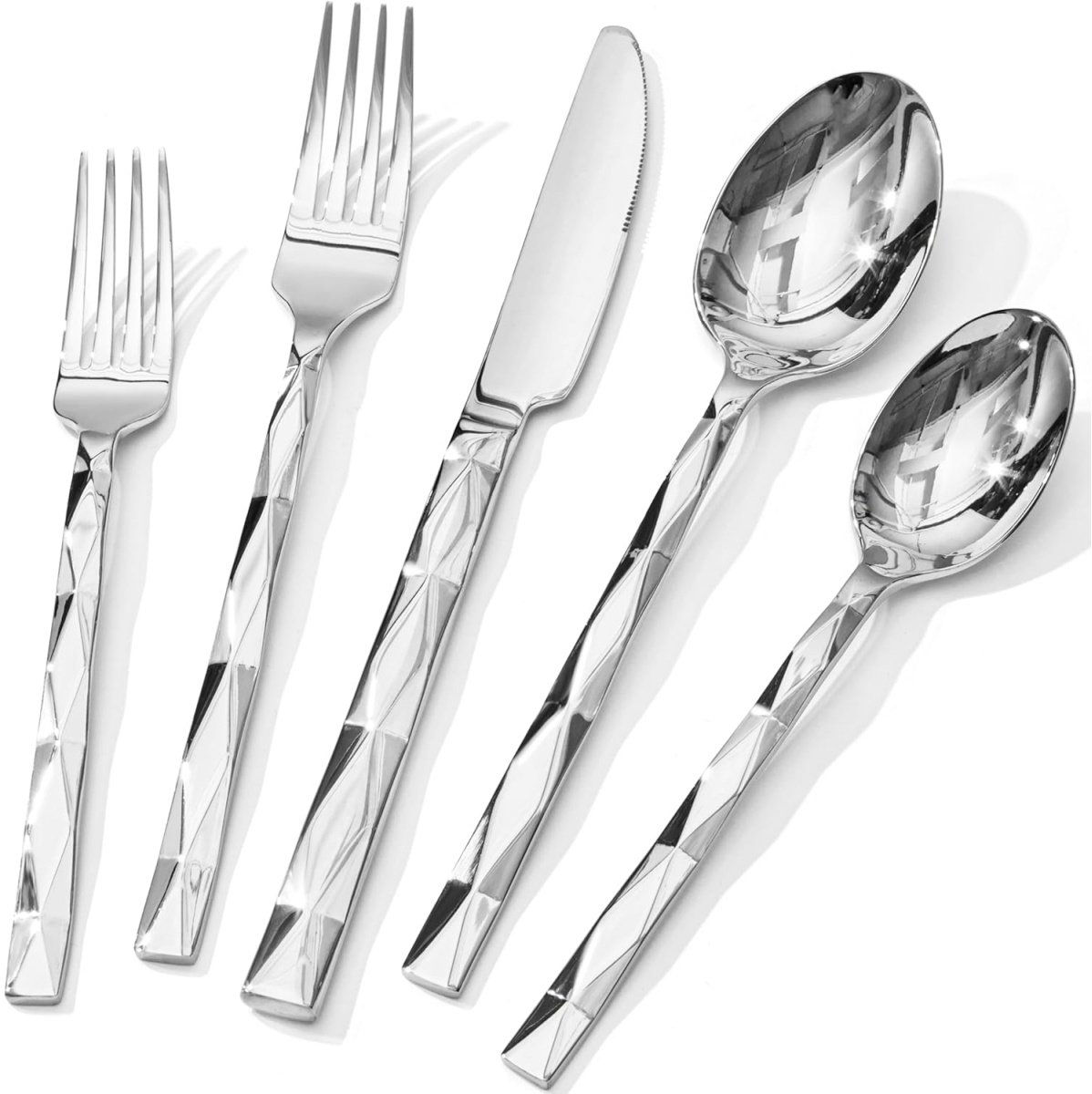 longziming - Bestekset - 5 Stuks - Bestek Garnituur - Roestvrij Staal - Diamantgeslepen Handvatten - Spiegelgladde Afwerking - Voor Dagelijks Gebruik