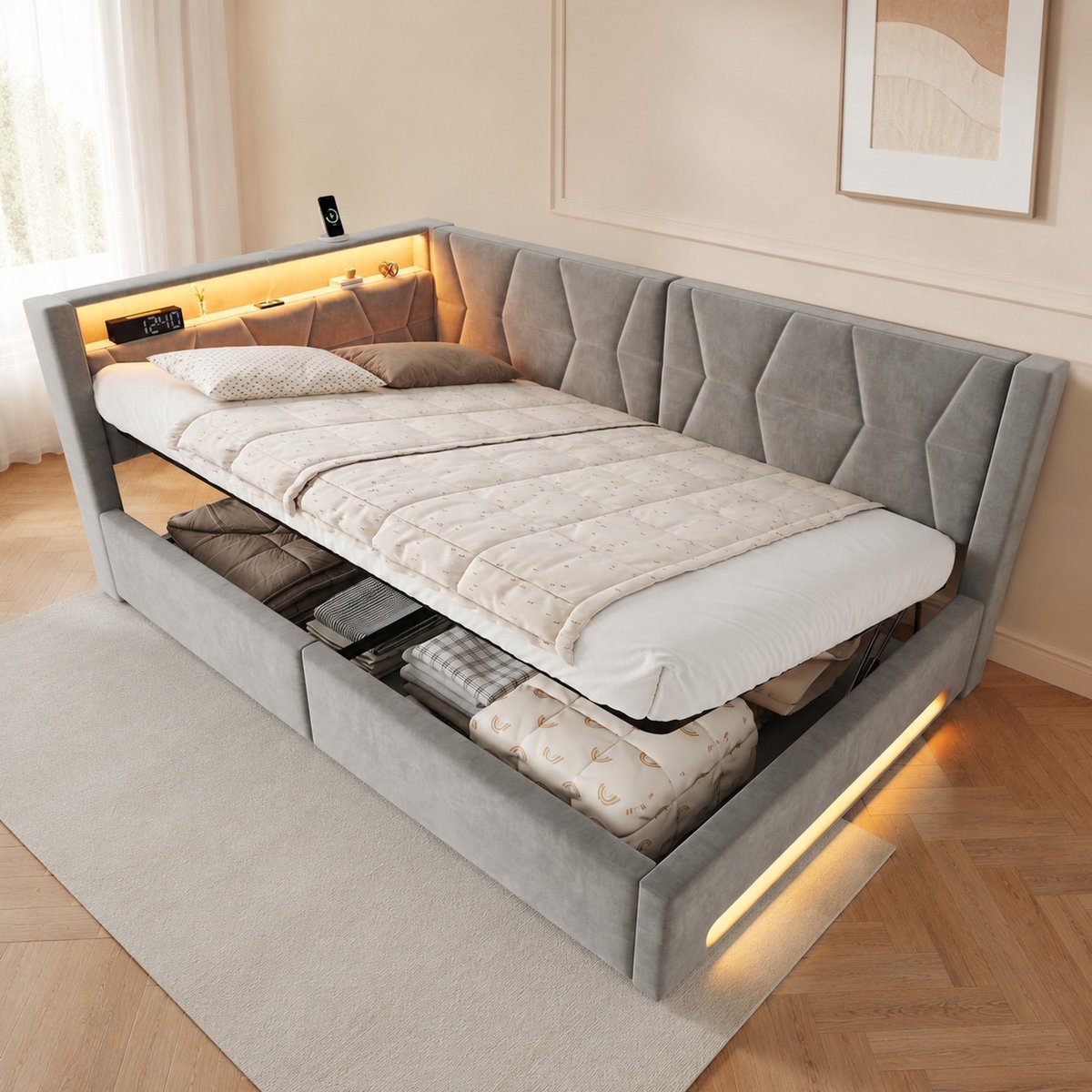 MODENUIT Polsterbed 140 x 200 cm - Met Stauraum, LED, USB en Type-C - Voor Slaapkamer - Stof - Grijs