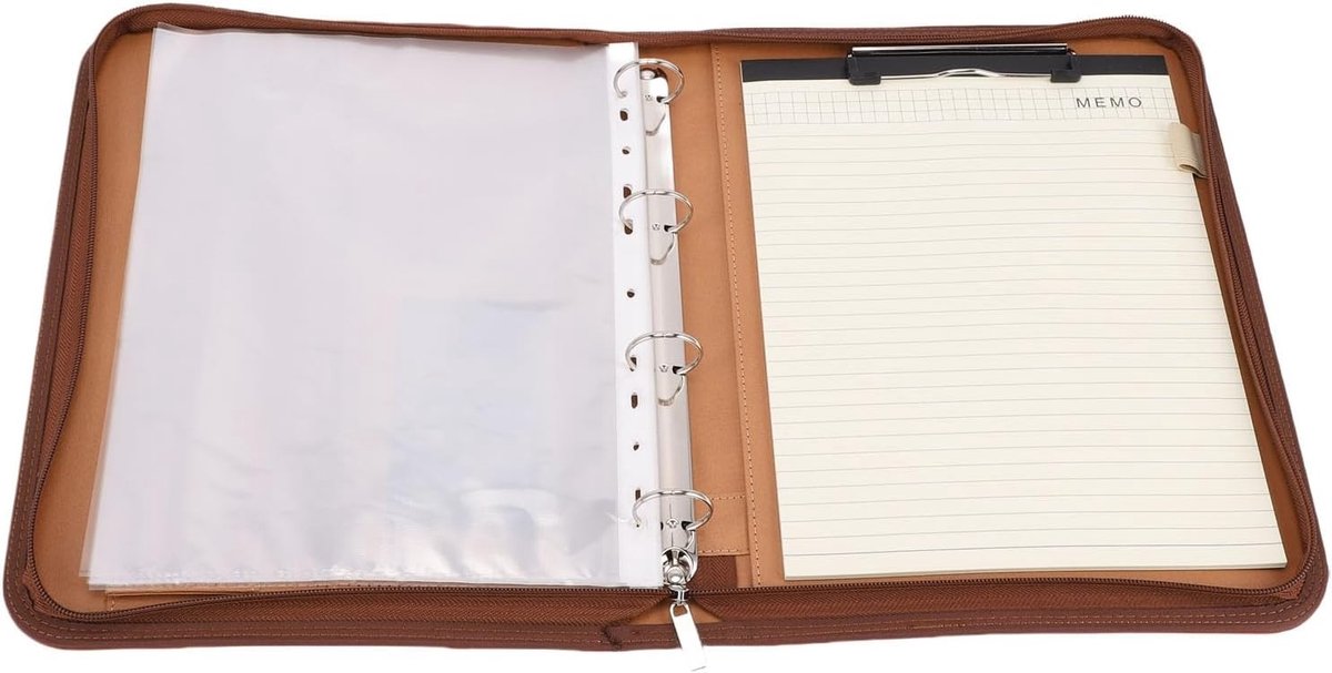 Leren Portfolio Binder met Rits, Professionele Organiser voor Documenten, Inclusief 10 Transparante Mappen en 30 Bladen Notitieboek
