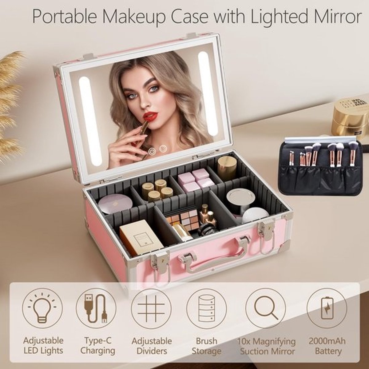 Reismake-upkoffer met LED-spiegel en draagbare organizer in roze
