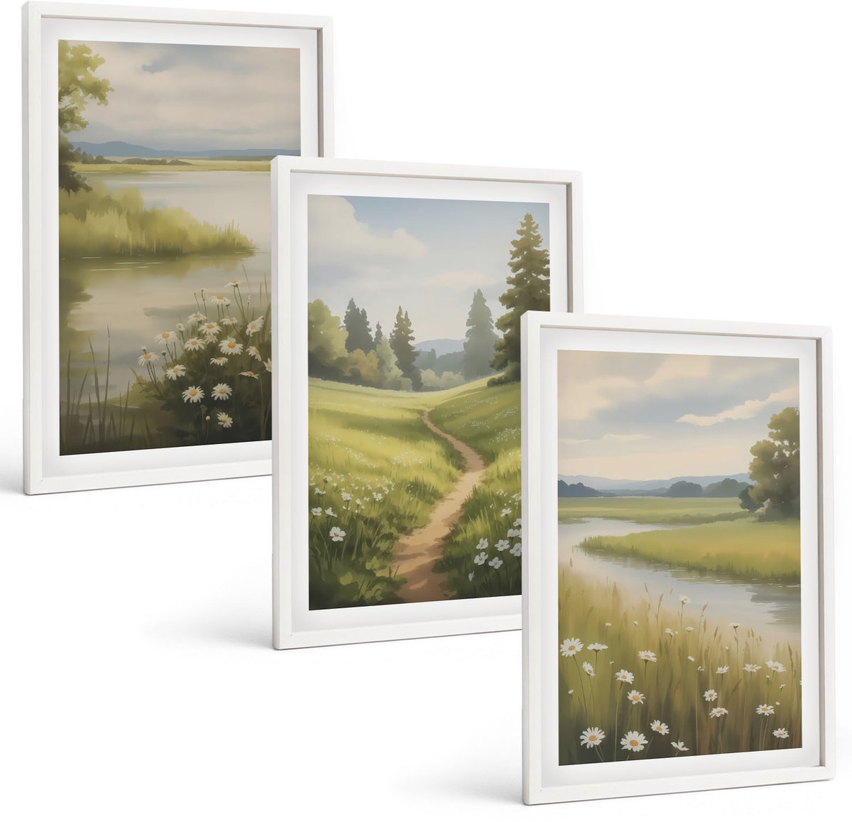 Wallfluent 3-Delige Schilderij Set - Lentelandschap Met Een Rivier, Pad En Bloemenweide - 40 x 60 - Decoratieve Muurdecoratie - Slaapkamer - Decoratieve Schilderijen