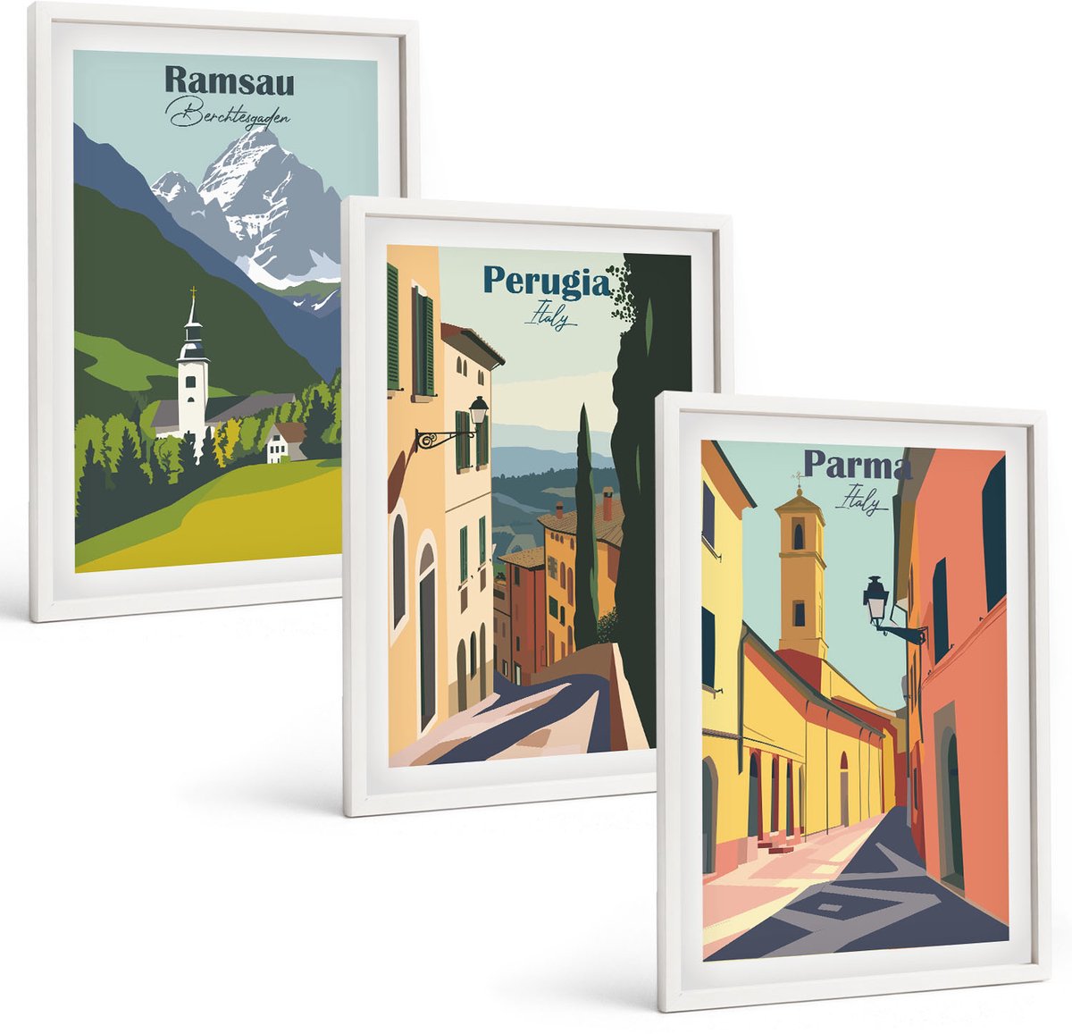 Wallfluent 3-Delige Schilderij Set - Berglandschappen En Straten Van Italiaanse Steden - 40 x 60 - Decoratieve Schilderijen - Woonkamer - Interieur - Woonkamer Decoratie
