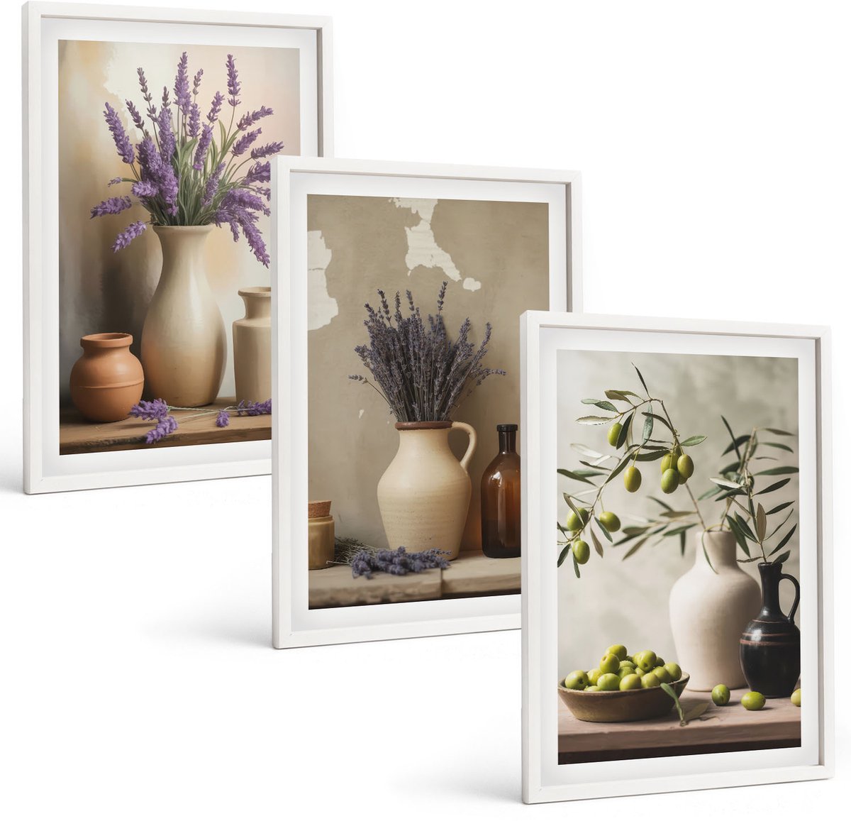 Wallfluent 3-Delige Schilderij Set - Bloemen In Vazen, Olijven En Natuurlijke Decoraties. - 40 x 60 - Stijlvolle Muurdecoratie - Slaapkamer - Decoratieve Schilderijen