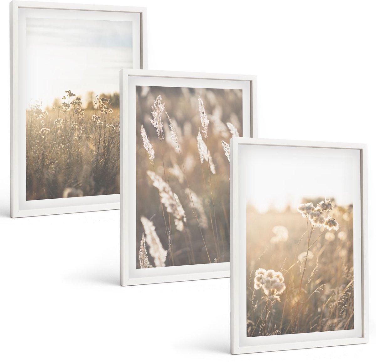 Wallfluent 3-Delige Schilderij Set - Landschap Met Grassen En Bloemen In Warme Tinten. - 40 x 60 - Wanddecoratie - Woonkamer Decoratie
