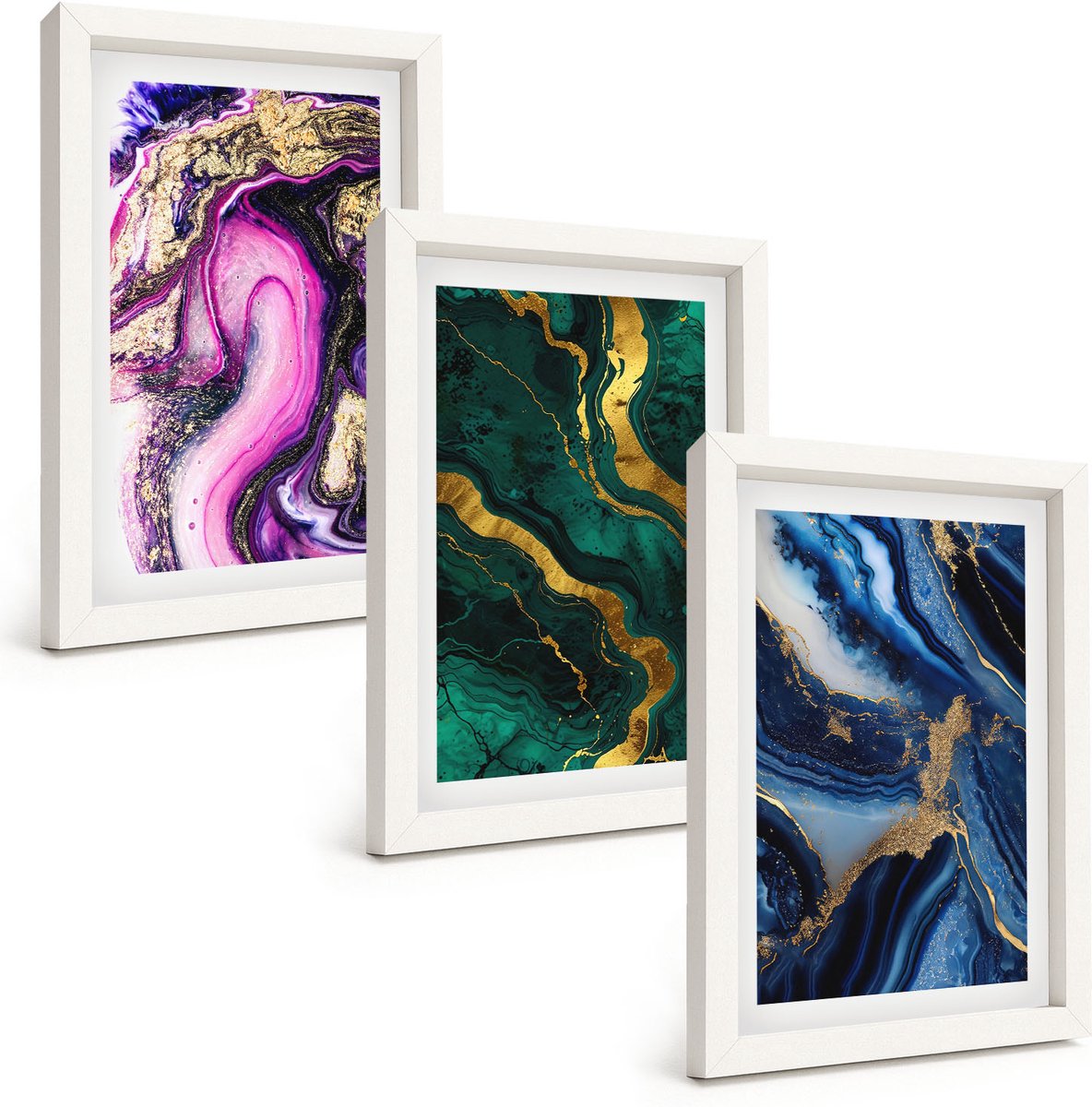 Wallfluent 3-Delige Schilderij Set - Abstracte Patronen In Tinten Roze, Groen En Blauw. - 20 x 30 - Muurdecoratie - Interieur Decoratie - Wanddecoratie