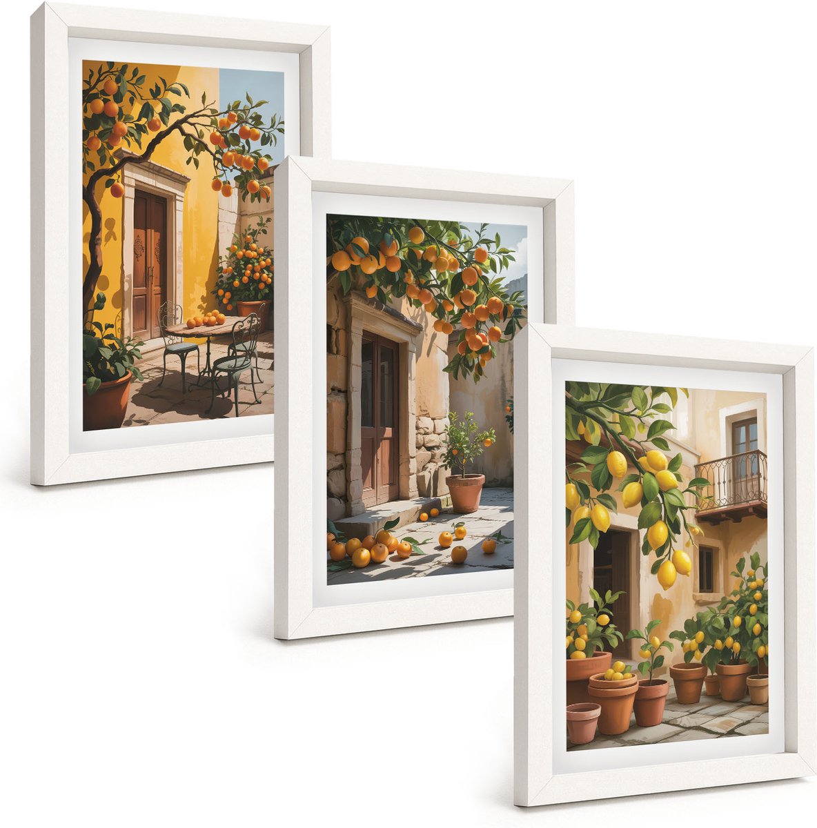 Wallfluent 3-Delige Schilderij Set - Citrusvruchten In Een Zonnige Binnenplaats Met Planten - 20 x 30 - Wanddecoratie - Woonkamer Decoratie - Stijlvolle Muurdecoratie