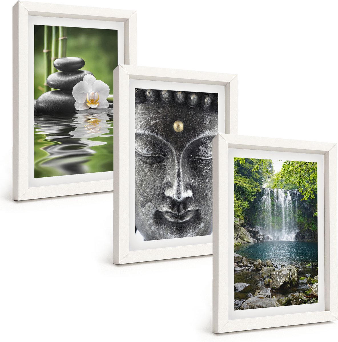 Wallfluent 3-Delige Schilderij Set - Harmonie Van De Natuur Met Stenen, Water En Boeddha - 20 x 30 - Wanddecoratie - Schilderijen Set - Interieur - Interieur Decoratie