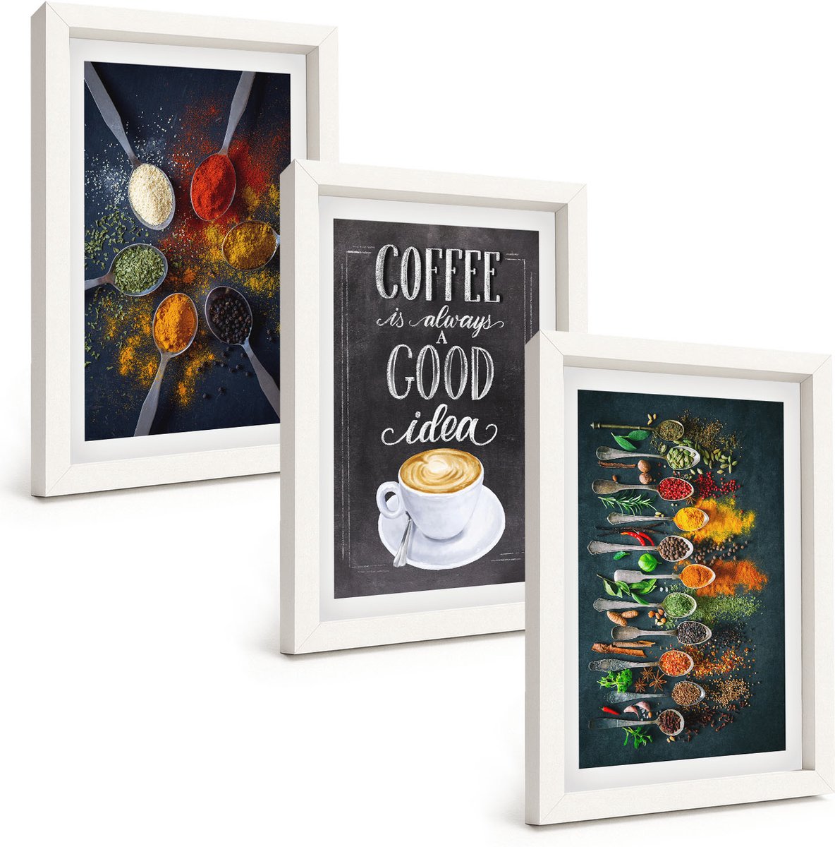 Wallfluent 3-Delige Schilderij Set - Specerijen Koffie Met Kopje Kruiden Keukenpatronen - 20 x 30 - Wanddecoratie - Muurdecoratie - Moderne Interieurdecoratie