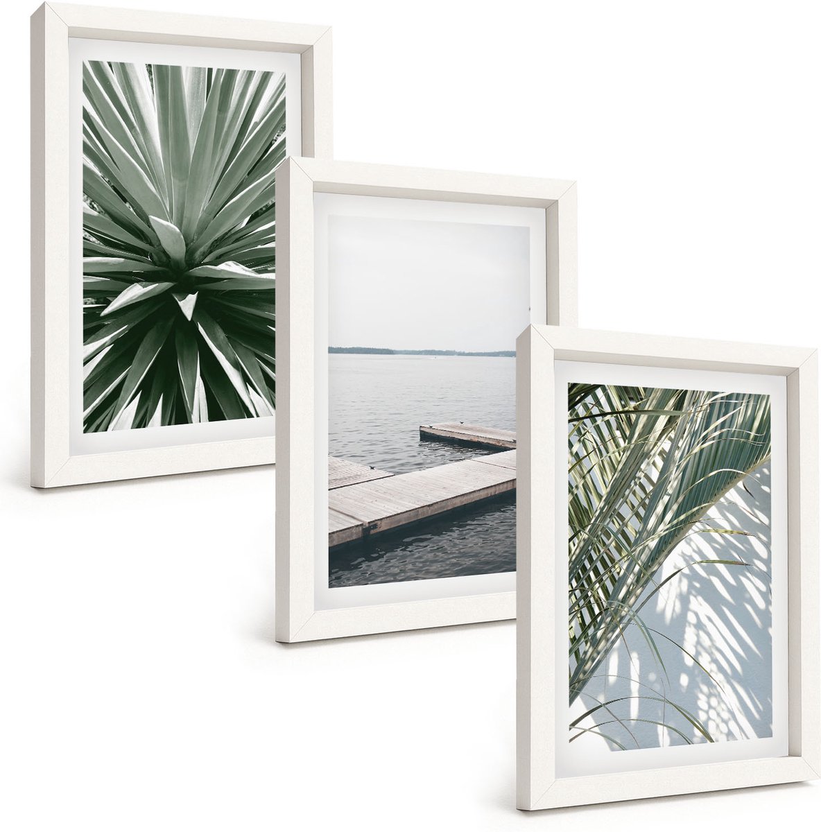 Wallfluent 3-Delige Schilderij Set - Palmbladerenplant En Houten Brug - 20 x 30 - Decoratieve Schilderijen - Wanddecoratie - Hal - Interieur Decoratie
