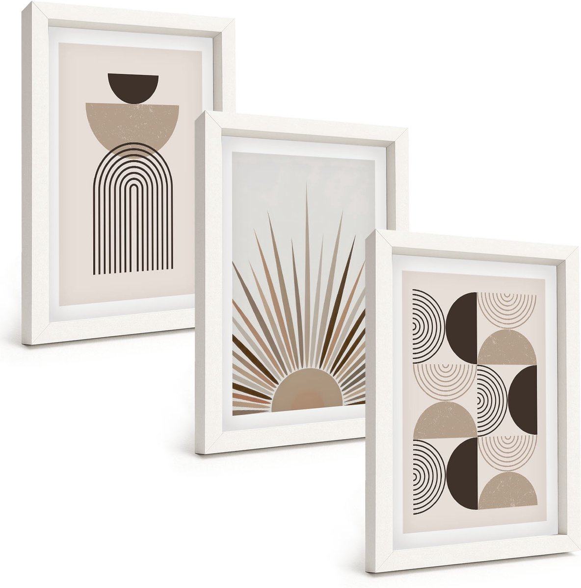 Wallfluent 3-Delige Schilderij Set - Abstracte Vormen In Beige En Bruine Tinten. - 20 x 30 - Schilderijen Set - Wanddecoratie - Woonkamer - Woonkamer Decoratie