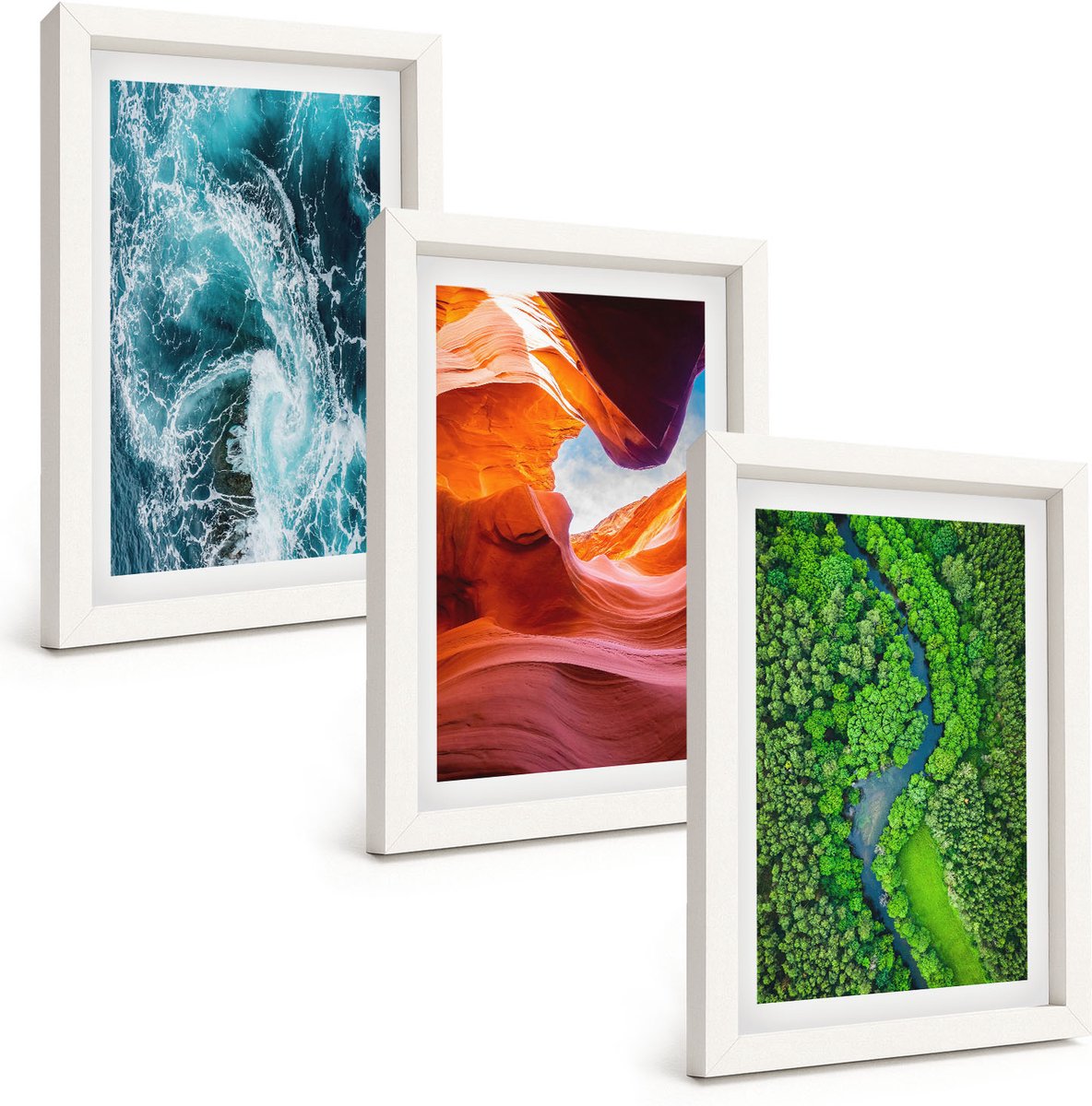 Wallfluent 3-Delige Schilderij Set - Water In Beweging, Kloof En Bos, Groene Natuur - 20 x 30 - Wanddecoratie - Schilderijen Set - Kantoor - Stijlvolle Muurdecoratie