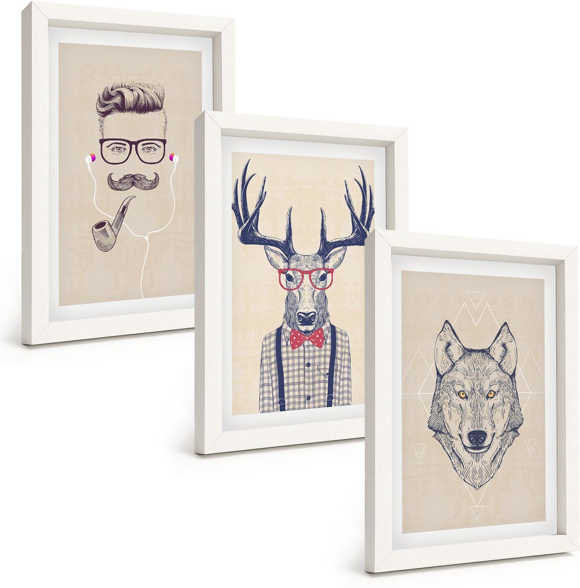 Wallfluent 3-Delige Schilderij Set - Stijlvolle Portretten Van Dieren En Mannen - 20 x 30 - Schilderijen Set - Wanddecoratie - Woonkamer - Stijlvolle Muurdecoratie