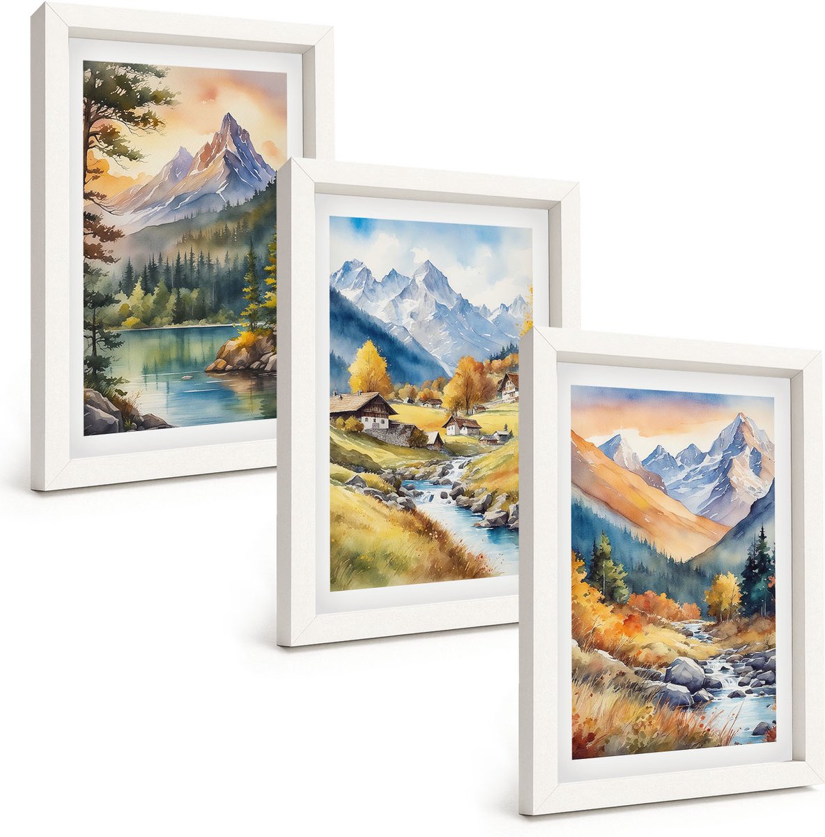 Wallfluent 3-Delige Schilderij Set - Berglandschap Met Een Rivier En Huisjes In Herfstkleuren. - 20 x 30 - Wanddecoratie - Schilderijen Set - Kantoor - Moderne Wanddecoratie