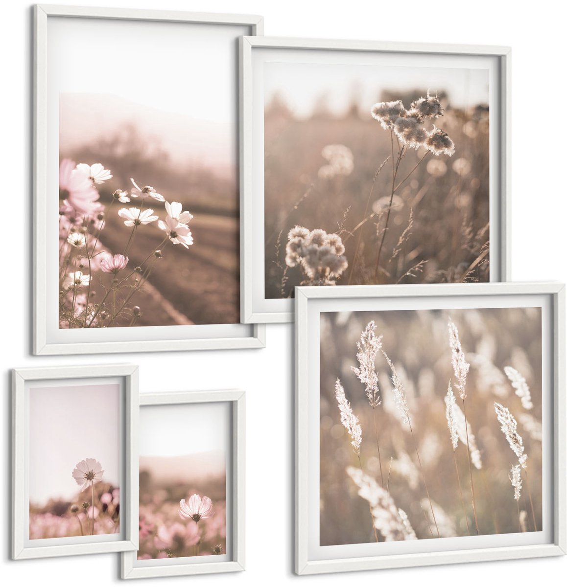 Wallfluent 5-Delige Schilderij Set - Bloemmotieven In Delicate Natuurlijke Tinten - 50 x 50 cm, 20 x 30 cm En 40 x 60 cm - Wanddecoratie - Schilderijen Set - Interieur - Moderne Wanddecoratie