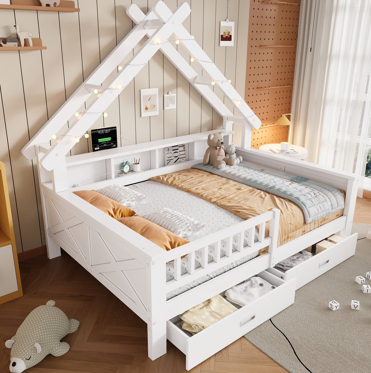 REDOM - Kinder huisbed - Huisvorm - LED-verlichting - Opbergrekken en 2 lades - Met uitvalbeveiliging - Kinderkamer - Hout en MDF - Wit - 205 x 147 x 179 cm