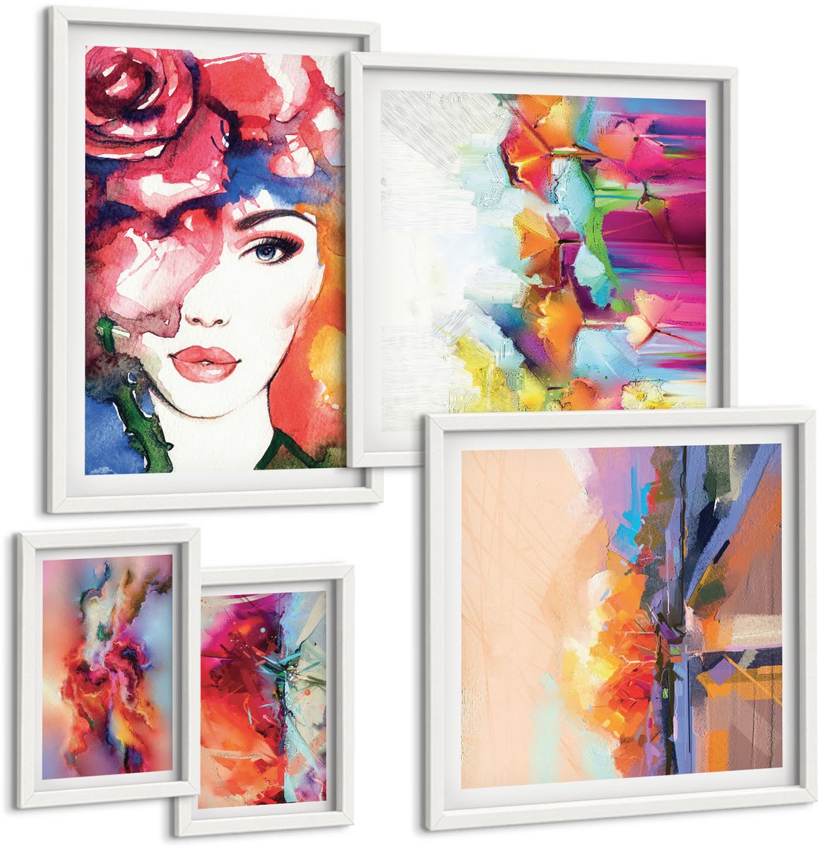 Wallfluent 5-Delige Schilderij Set - Kleurrijke Portretten En Abstracte Kunstcomposities - 50 x 50 cm, 20 x 30 cm En 40 x 60 cm - Decoratieve Schilderijen - Woonkamer - Interieur - Moderne Wanddecoratie