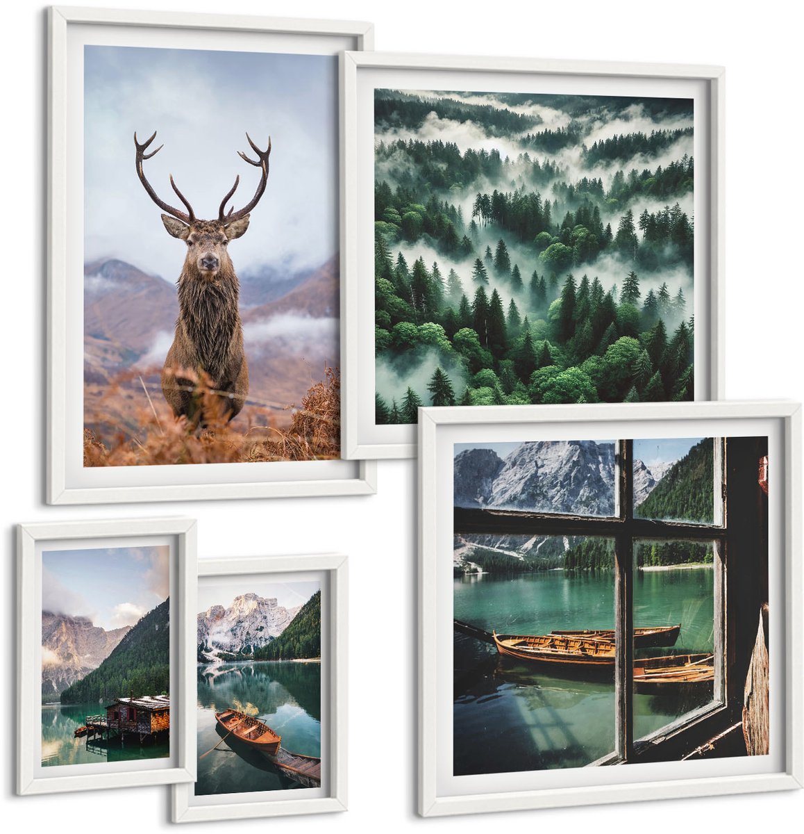 Wallfluent 5-Delige Schilderij Set - Natuur En Wilde Dieren In Het Berglandschap - 50 x 50 cm, 20 x 30 cm En 40 x 60 cm - Moderne Wanddecoratie - Woonkamer - Stijlvolle Muurdecoratie
