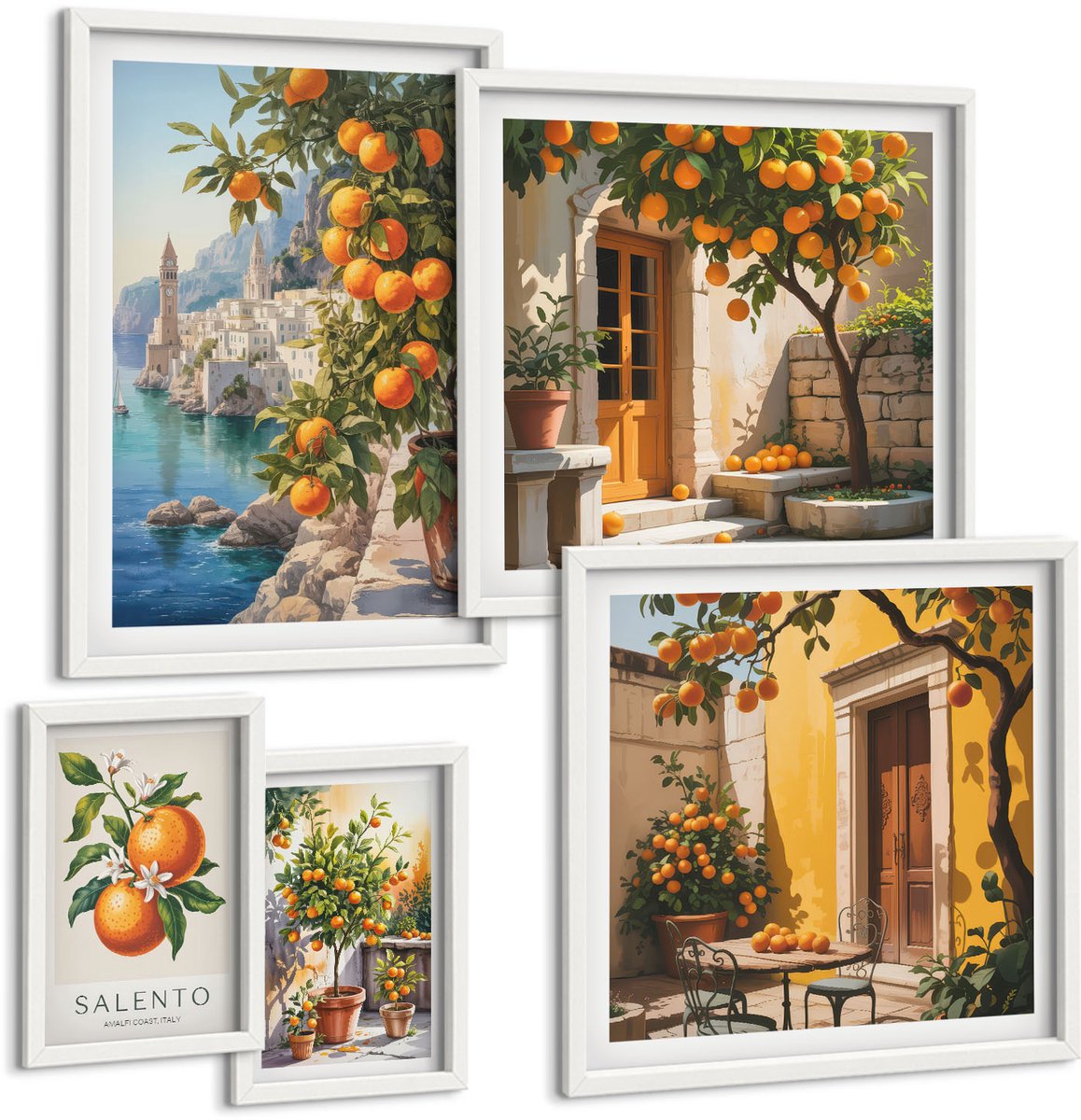 Wallfluent 5-Delige Schilderij Set - Sfeervolle Uitzichten Met Fruitaccenten Op De Muur - 50 x 50 cm, 20 x 30 cm En 40 x 60 cm - Stijlvolle Muurdecoratie - Slaapkamer - Decoratieve Schilderijen