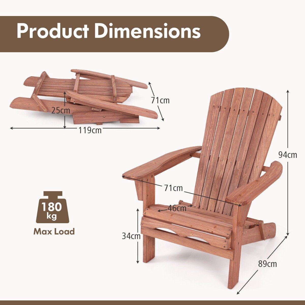 SureDeal® - Tuinstoel - Opvouwbare Adirondack Stoelen - 89x71x94 cm - Bruin