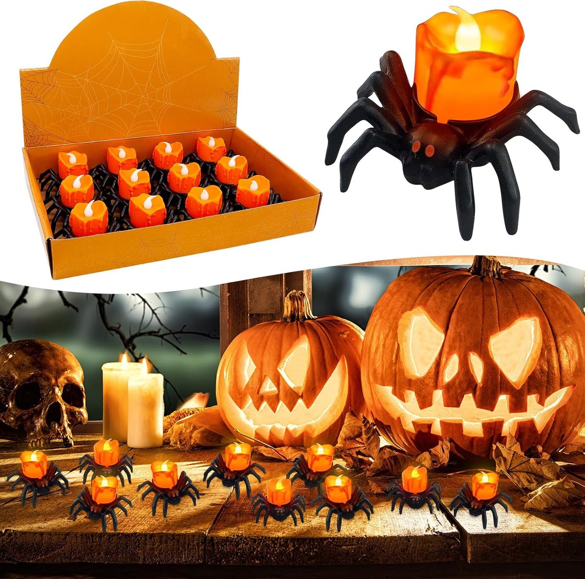 12 stuks Halloween spin kaarslicht, Halloween led-kaarsen, pompoen theelichtjes kaarsen, Halloween decoratie spin kaarslicht Halloween kaarsen licht voor party tafeldecoratie binnen buiten thuis