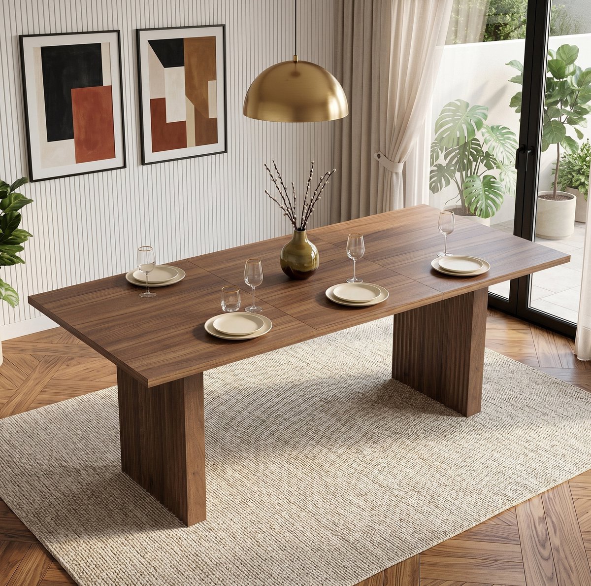 REDOM - Uitklapbare eettafel - Rechthoekig tafelblad - Synchronisch meebewegende tafelpoten - Moderne stijl - Eetkamer - MDF - Walnoot - 140/200 x 90 x 75 cm