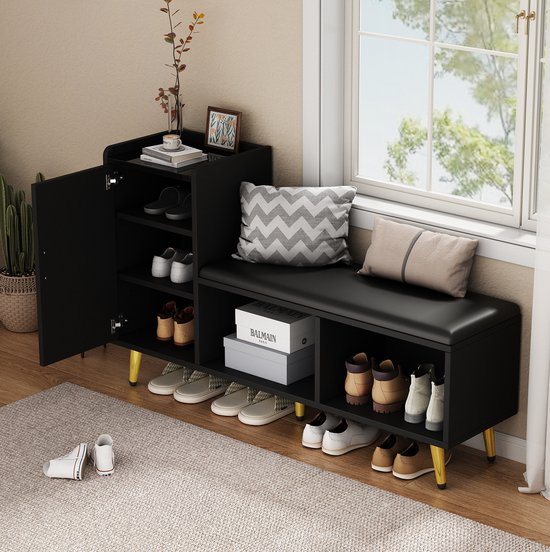 DESMIU Schoenenkast Met Zitbank En Opbergruimte Voor Hal En Slaapkamer - Hoogglans Zwart Met Gouden Details - 120x35x71.5 Cm — afbeelding 4