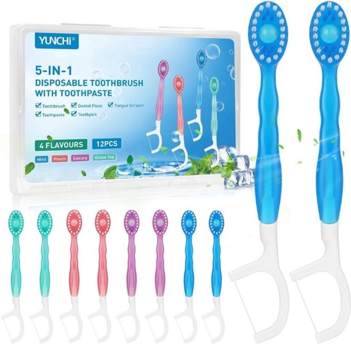 5-in-1 Compacte Reistandenborstel Set (12 Stuks) voor Tandenpoetsen, Tong Schoonmaken en Flossen