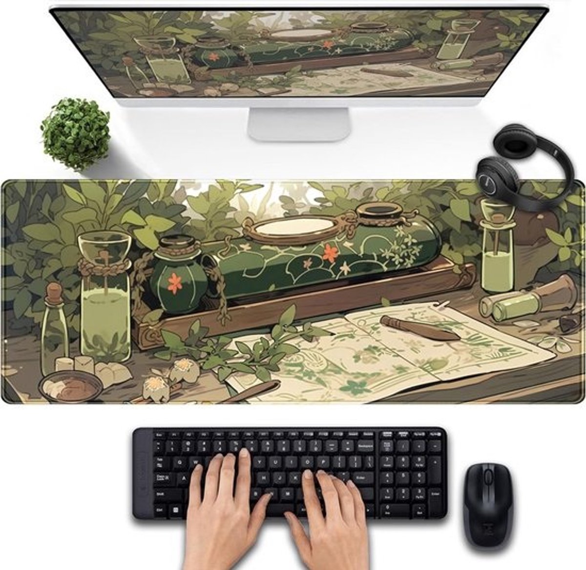 Groene planten bureaumat XL - Kawaii muismat voor gaming en werk - Antislip muismat decoratief bureaublad accessoire