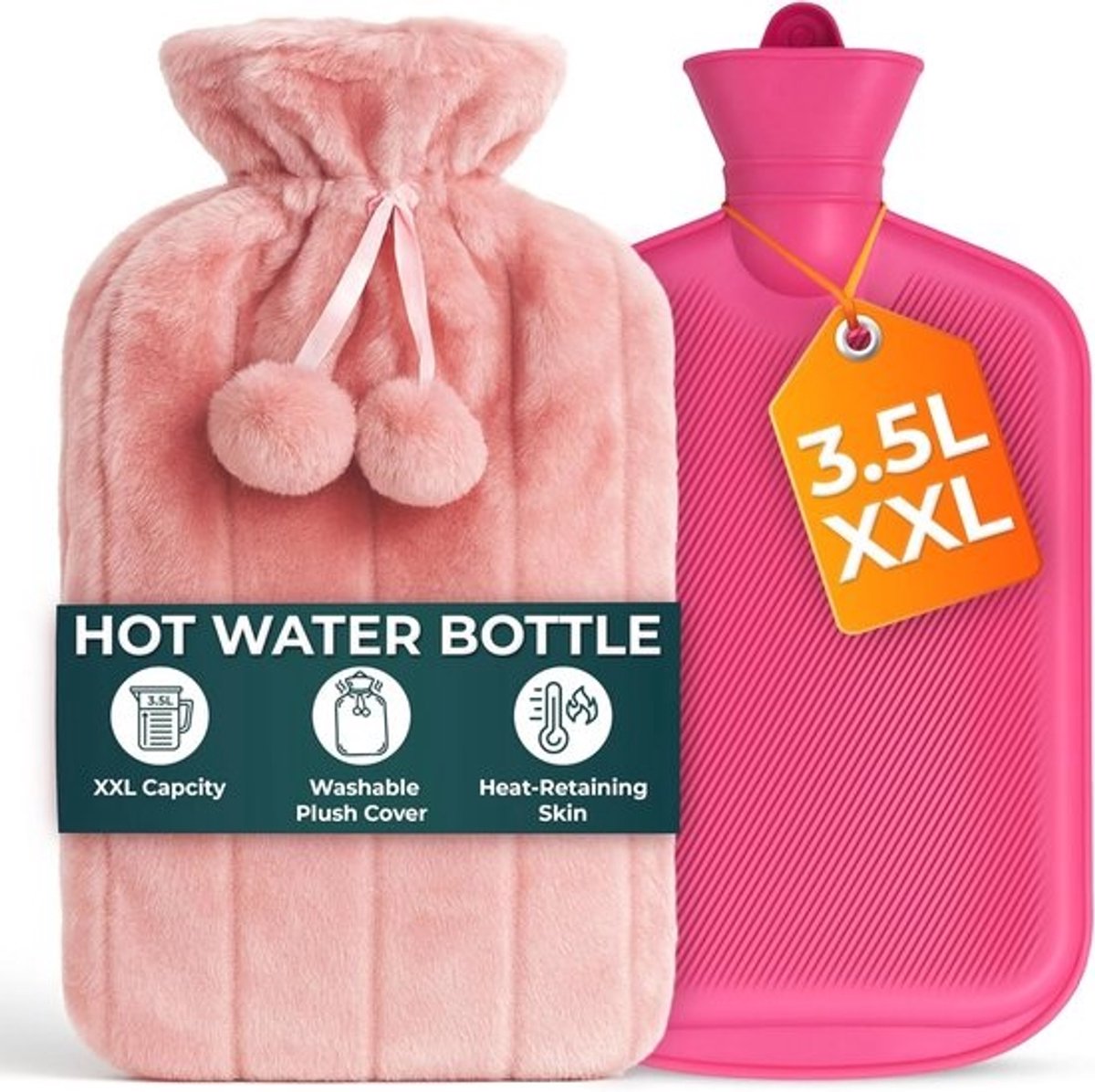 Kruikzak - Grote Warmwaterkruik met Ritssluiting en Draagtas - Warmwaterkruik met Imitatiebont voor Pijnverlichting en Warmte - Zachte en Wasbare Warmwaterkruik voor Warme en Koude Kompressen - 3,5 L - Roze