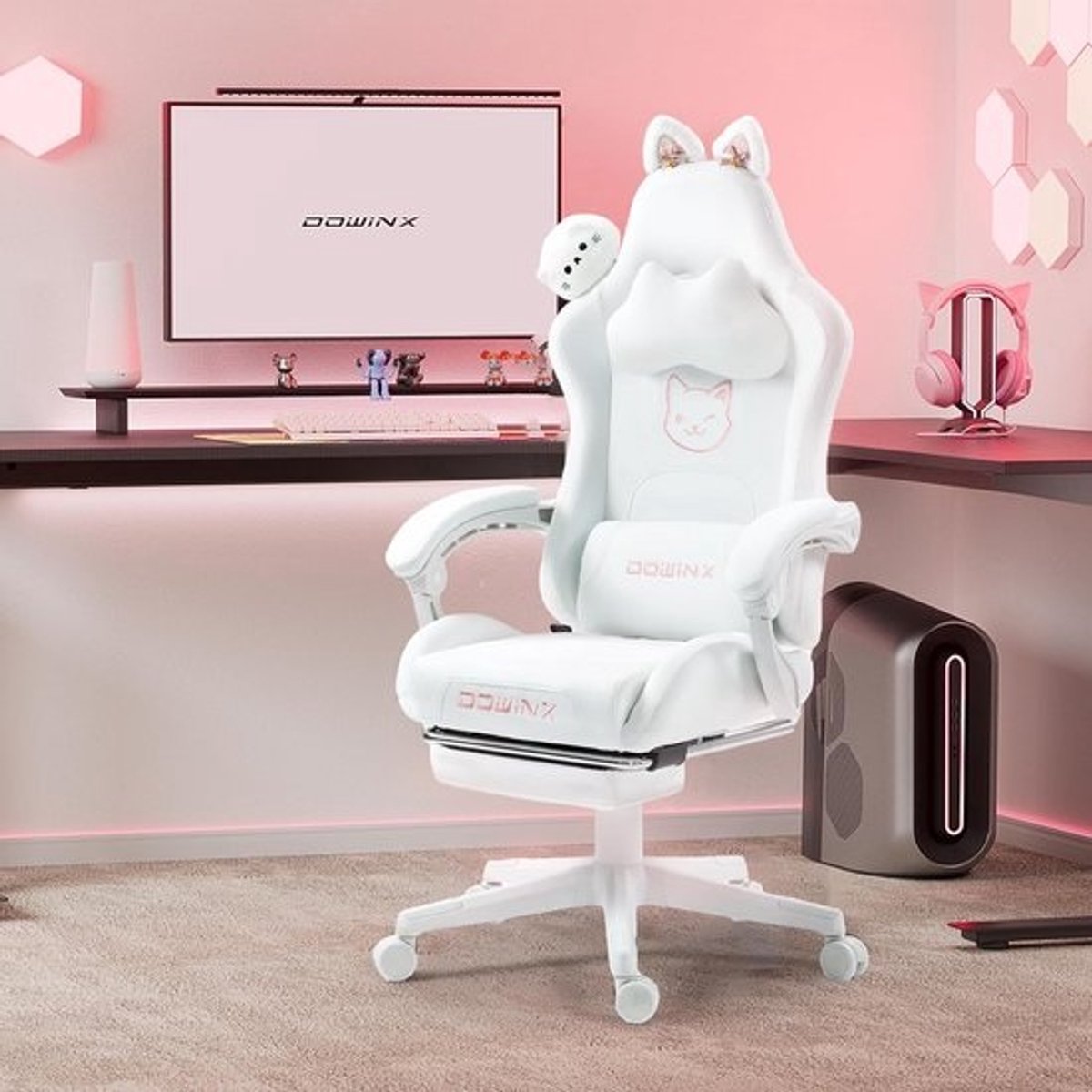 Ergonomische Gamingstoel met Hoge Rugleuning en Voetensteun, Zacht PU-Leer, Kat Design