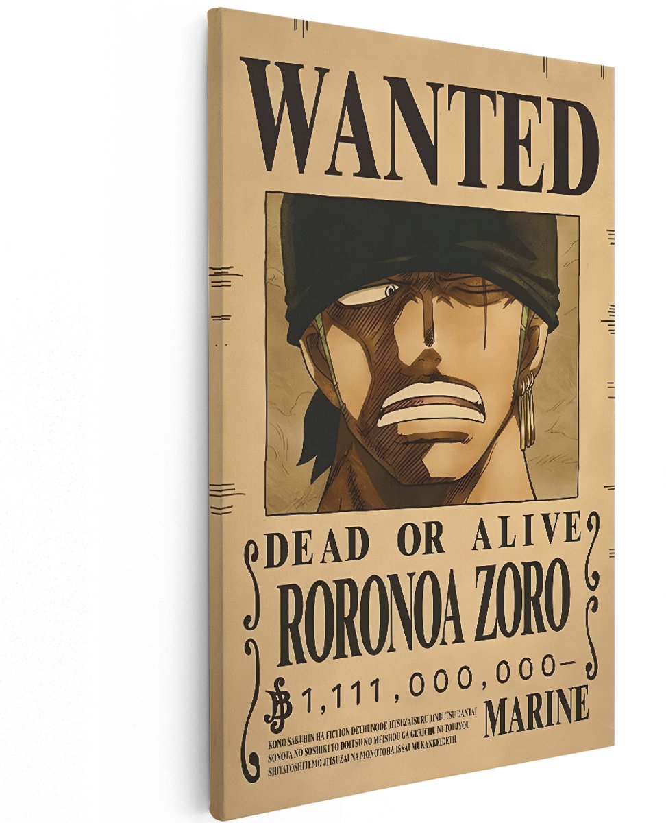 Artaza Canvas Schilderij Roronoa Zoro - 120x180 cm - Groot - Wanddecoratie One Piece Wanted Poster - Muurdecoratie Anime - Decoratie Slaapkamer Jongen