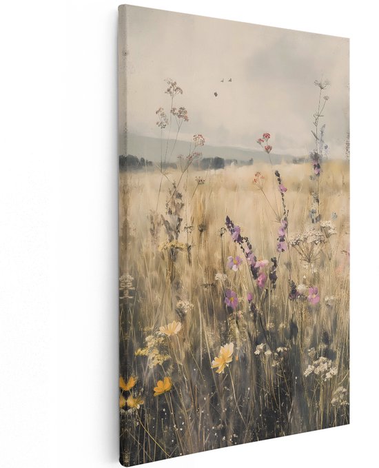 Toile peinte avec une représentation détaillée d'un champ de fleurs sauvages, principalement violettes et jaunes, sur un fond flou.
