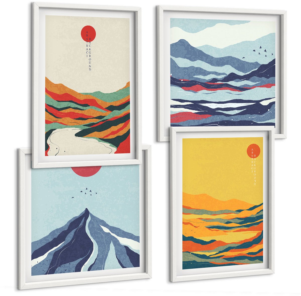Wallfluent 4-Delige Schilderij Set - Kleurrijke Abstracte Berg- En Rivierlandschappen - 40 x 40 En 40 x 60 - Muurdecoratie - Interieur Decoratie - Decoratieve Schilderijen