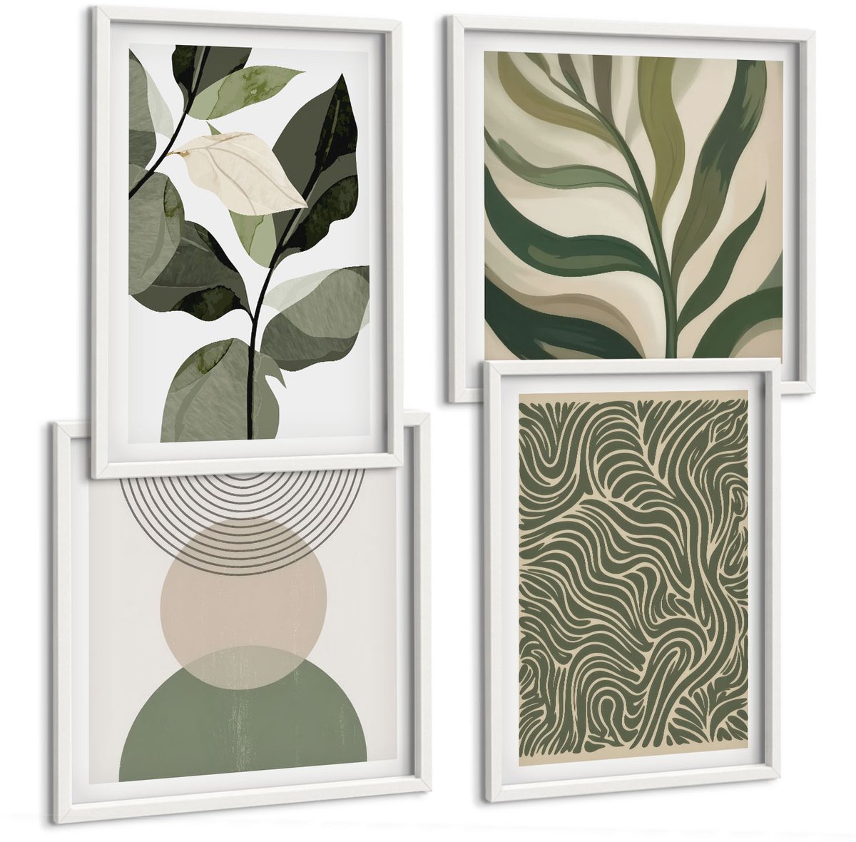 Wallfluent 4-Delige Schilderij Set - Abstracte Bladeren En Geometrische Vormen - 40 x 40 En 40 x 60 - Moderne Wanddecoratie - Woonkamer - Stijlvolle Muurdecoratie