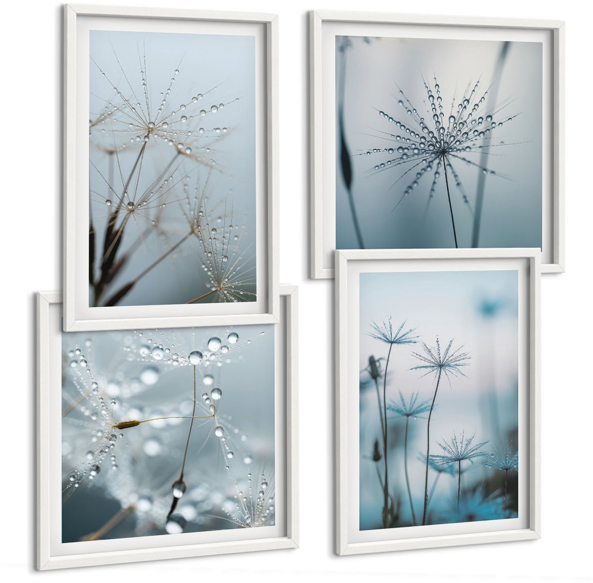Wallfluent 4-Delige Schilderij Set - Fijne Paardenbloemen Met Waterdruppels - 40 x 40 En 40 x 60 - Decoratieve Schilderijen - Wanddecoratie - Hal - Stijlvolle Muurdecoratie