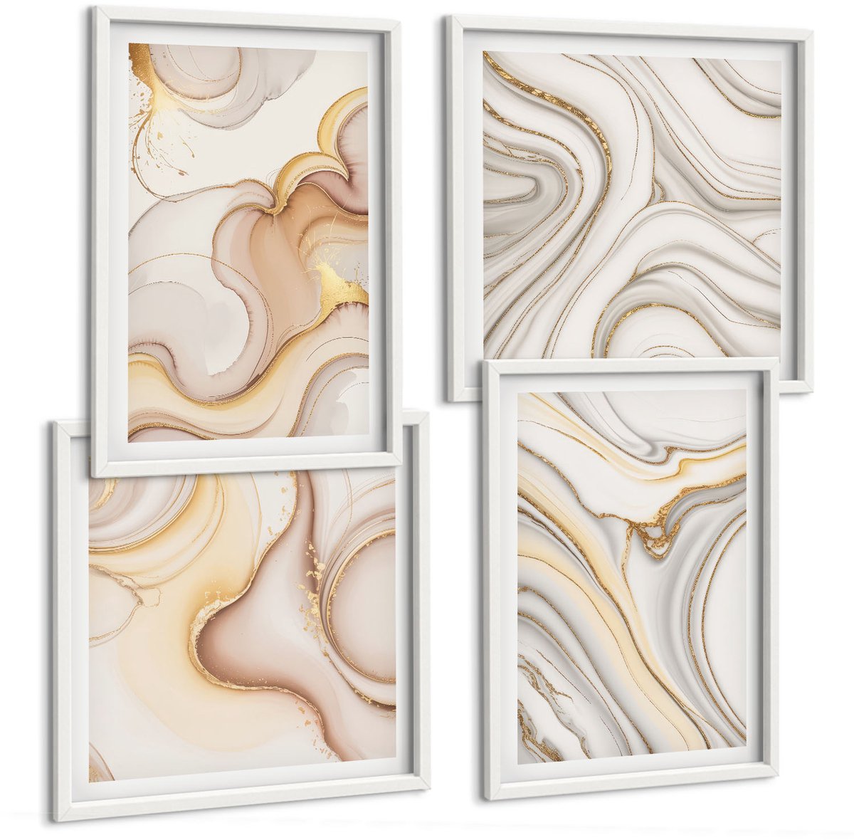 Wallfluent 4-Delige Schilderij Set - Lineaire Abstracte Motieven, Stijlvolle Decoratie - 40 x 40 En 40 x 60 - Muurdecoratie - Interieur Decoratie - Woonkamer Decoratie